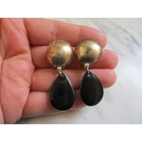 Vintage Dangling Black Enamel Teardrop Earrings | Goldtone Clip On Glam Gold & Ons | Etsy (US)