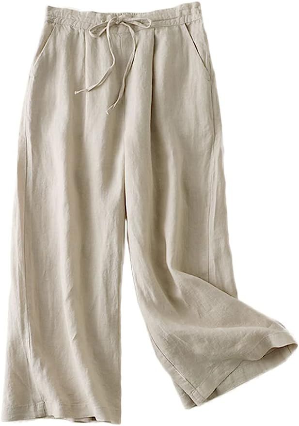 Mordenmiss Women's Linen Drawstring Pants Wide Leg Elastic Waist Cropped Pants Trousers | Amazon (US)
