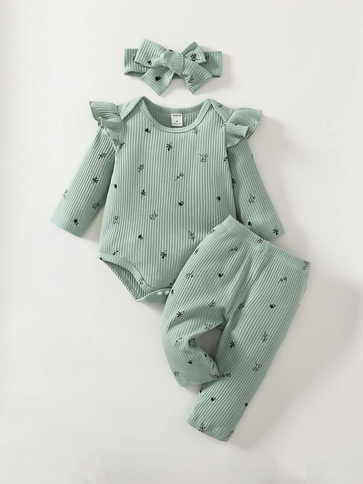 Newborn Baby Plants Print Ruffle Trim Bodysuit & Pants & Headband
       
              
        ... | SHEIN
