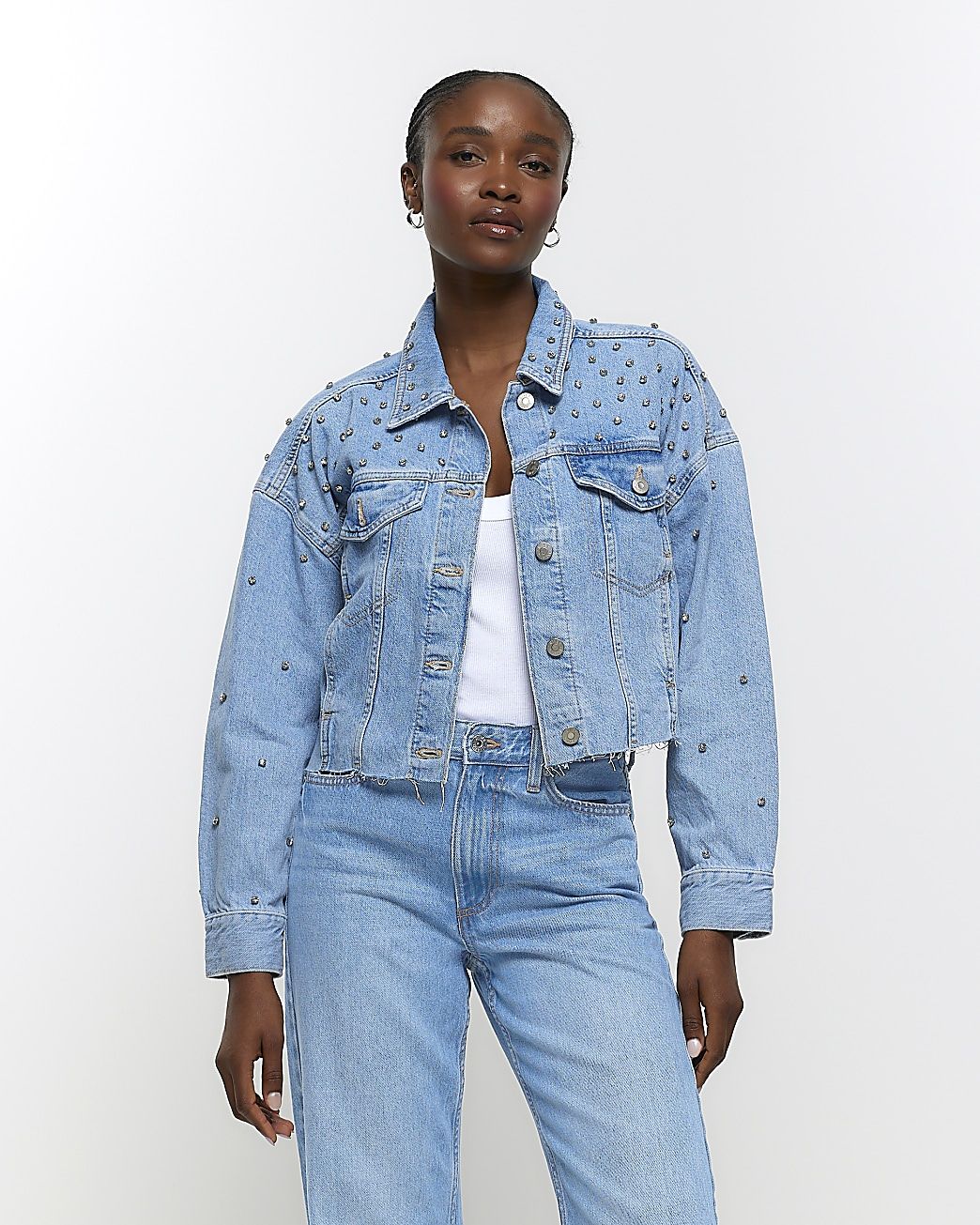 Blue embellished crop denim jacket | River Island (UK & IE)