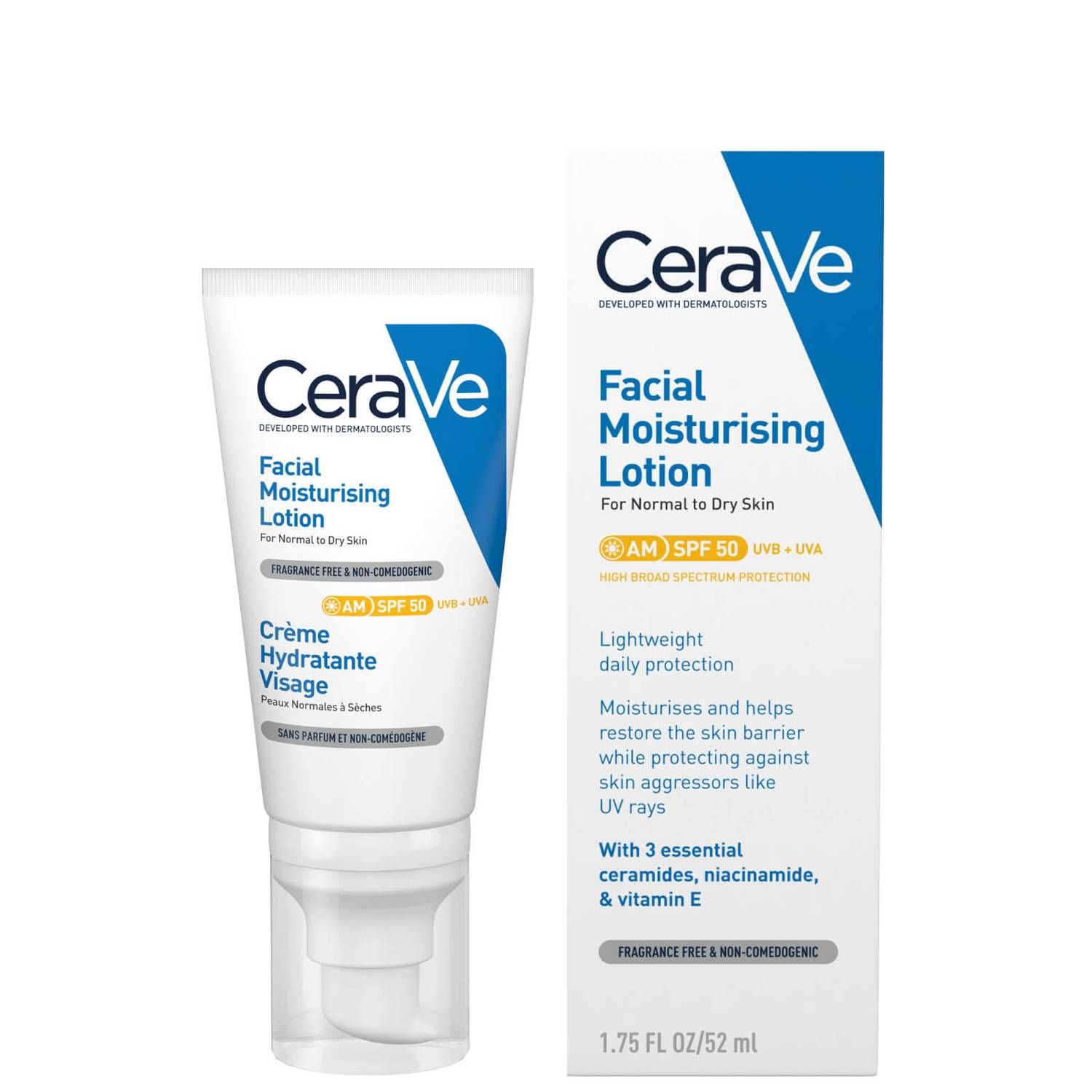 CeraVe AM Facial Moisturising Lotion SPF50 for Normal to Dry Skin 52ml | Look Fantastic (UK)