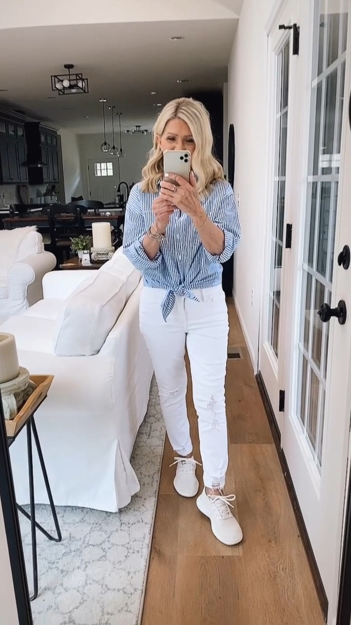 Outfit Of The Day!!! Button up blue stripe shirt/ white slim jeans/sneakers. I could walk for miles in these Women’s Tree Runners @allbirds sneakers the effortless comfort is like walking in socks. Check out all the available styles for women and men. Use my code: FARMHOUSE40 for discount  Made from nature Eucalyptus fiber Breathable, Lightweight for all day wear 

#LTKActive #LTKStyleTip
