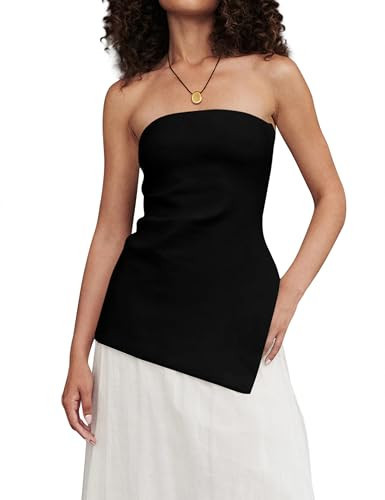 Dsewpaur Sexy Tube Tops for Women Ruched Strapless Bandeau Shirts Cute Going Out Tops Asymmetrical Party Clothes Black | Amazon (US)