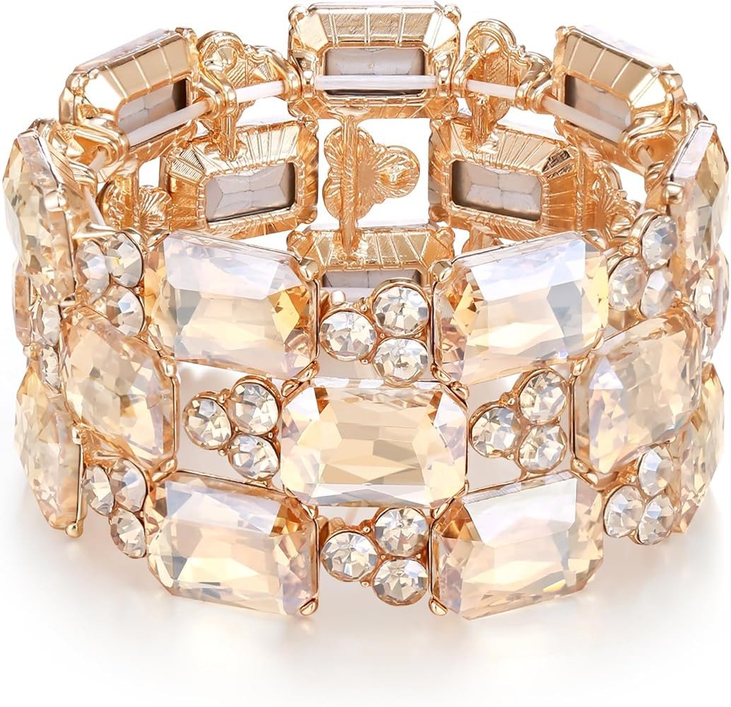 EVER FAITH Wedding Prom Bracelets for Women, Radiant Cut Austrian Rhinestones Crystal 3 Layers El... | Amazon (US)