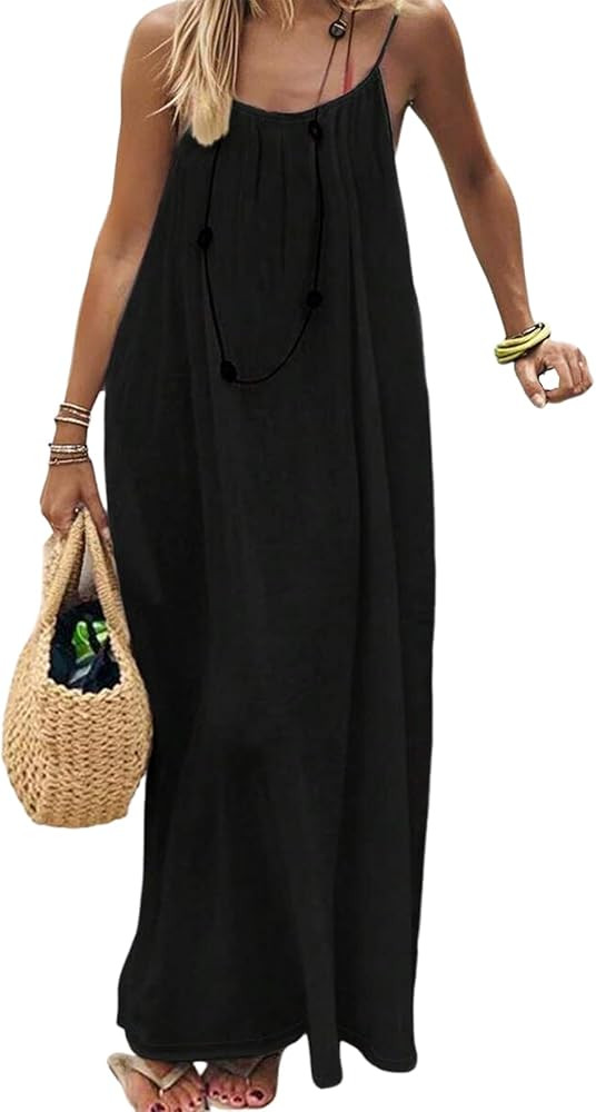 Women's Backless Dress Spaghetti Strap Maxi Dress Summer Casual Flowy Vacation Beach Sundress | Amazon (US)