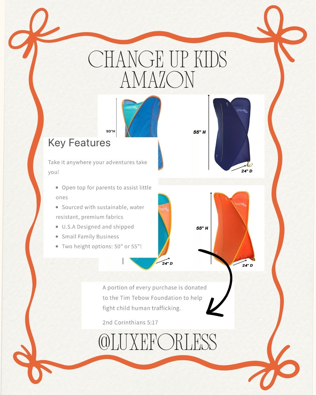 This portable pop-up changing room is GENIUS! Between beach days, pool days, lake trips, dance competitions, accidents that always happen in the middle of nowhere!! This is one of those “why didn’t I get this sooner?” items. 🤩
AND—a portion of every purchase supports the Tim Tebow Foundation to help fight child trafficking. ❤️

#LTKmomlife #LTKActive #LTKTravel