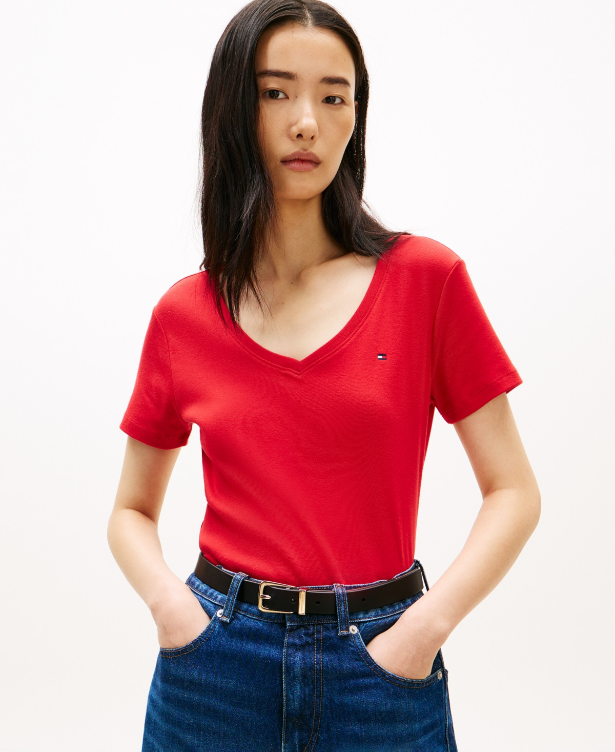 Tommy Hilfiger Women's Rib Slim V-Neck Short-Sleeve T-Shirt - Primary Red | Macy's