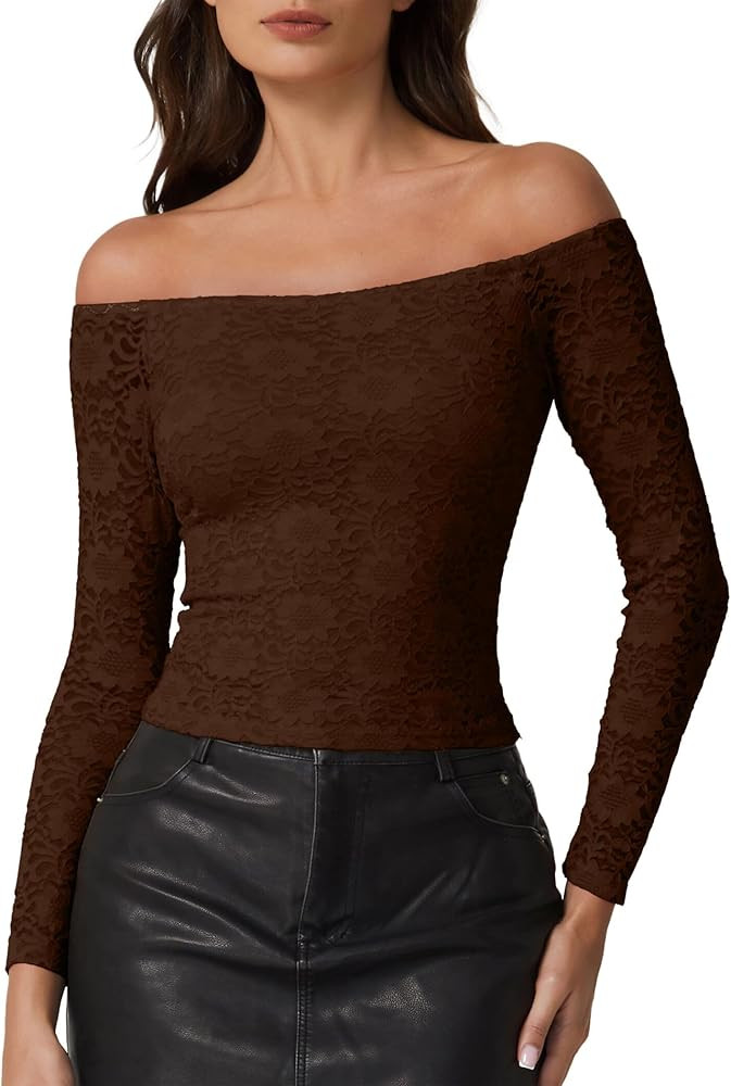 QINSEN Womens Lace Trim Off Shouder Top Long Sleeve Double Lined Y2k Trendy T Shirts | Amazon (US)