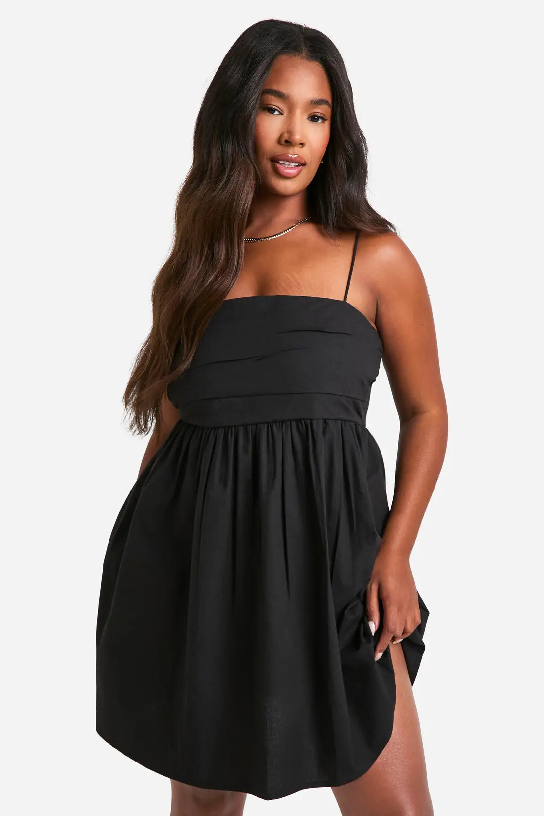 Black boohoo Plus Cotton Poplin Ruched Skater Dress | PrettyLittleThing USA | PrettyLittleThing US