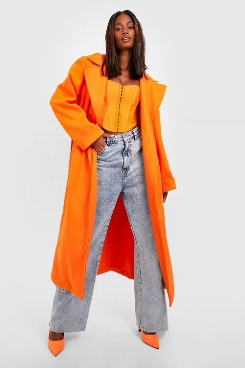 Oversized Belted Back Detail Wool Coat | Boohoo.com (US & CA)