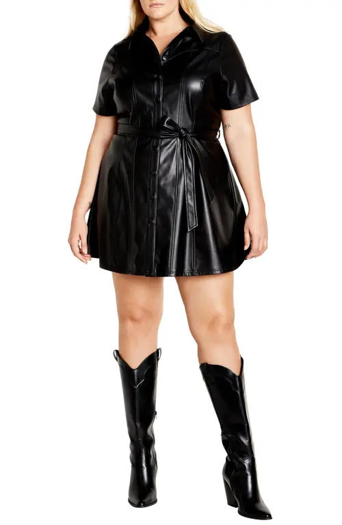 City Chic Paula Tie Waist Faux Leather Dress in Black at Nordstrom | Nordstrom