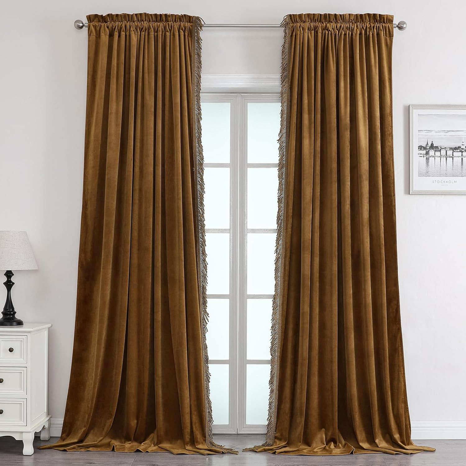 Gold Brown Tassels Soft Luxury Room Darkening Velvet Window Curtain Panels for Living Room Bedroo... | Amazon (US)