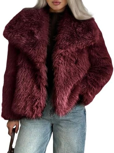 Wyeysyt Womens Faux Fur Coat Cropped Fluffy Shaggy Jacket Long Sleeve Lapel Winter Furry Coat Out... | Amazon (US)