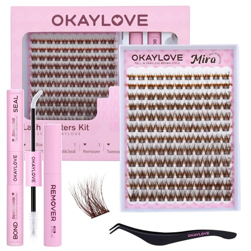 OKAYLOVE Brown Lash Clusters Kit, Mira 8-16mm Wispy Clusters Lashes Kit Natural Eyelash Clusters Kit, 132pcs CC Curl Eyelashes Extension Kit Individual Lashes with Bond and Seal, Remover, Tweezers | Amazon (US)