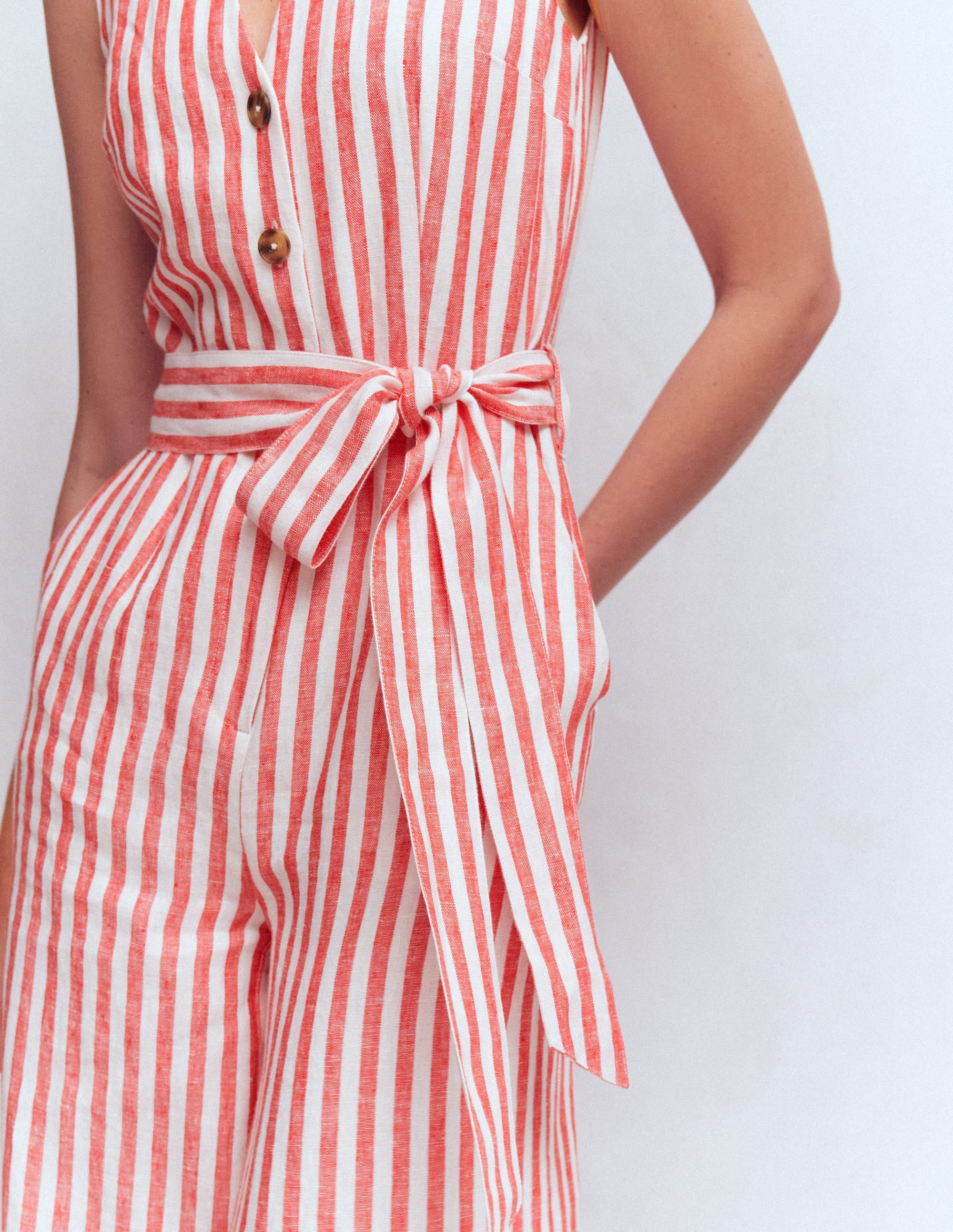 Laura V-neck Linen Jumpsuit-Red, Ivory Stripe | Boden (US)