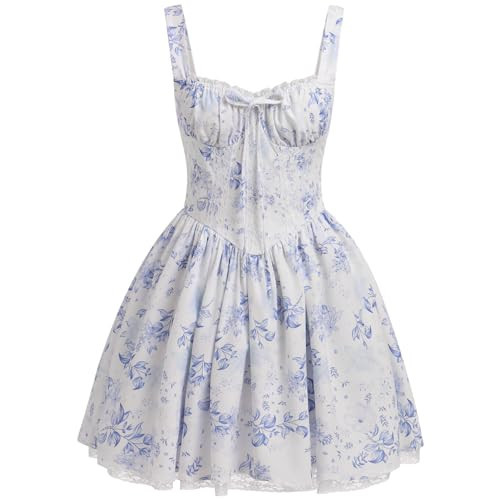 EFOGEP Floral Corset Dress Short Sexy Mini Dress Women Floral Corset Dress, Boho Summer Spaghetti Straps Square Neck Casual Midi Dress Flowy Slit Bustier Dresses Blue Floral Mini Length M | Amazon (US)