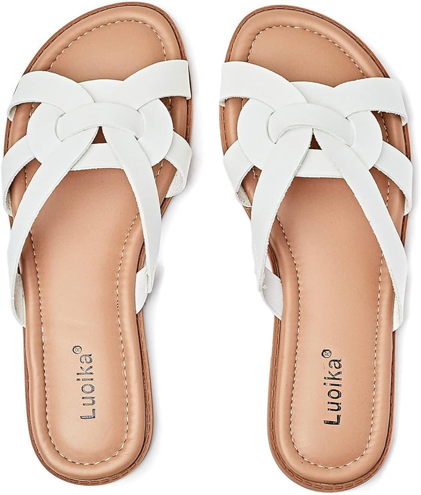 Luoika Women's Wide Width Flat Slides Sandals, Slip on Slide Sandal Casual Comfortable Summer Bea... | Amazon (US)