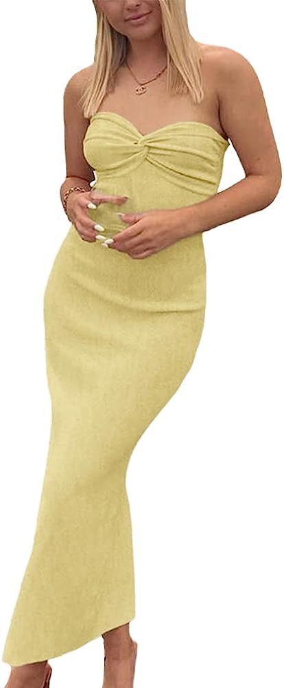 Sdencin Women Y2K Sexy Twist Knot Front Ribbed Knit Bodycon Bandeau Tube Dress Casual Solid Strap... | Amazon (US)