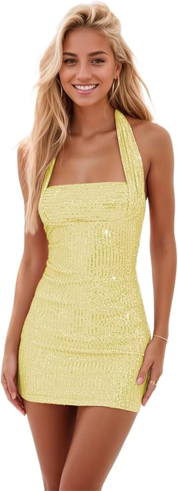 Sparkly Sequin Short HOCO Homecoming Dresses for Teens Halter Short Tight Prom Party Cocktail Dre... | Amazon (US)
