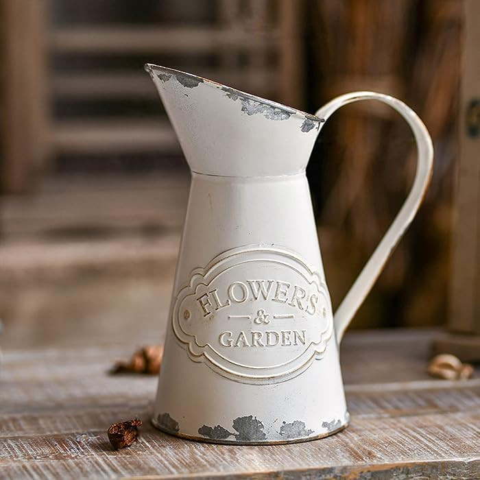 Rustic Metal Flower Vase, White Shabby Chic Vintage Farmhouse Jug Vase,Galvanized Milk Jug Pitche... | Amazon (US)