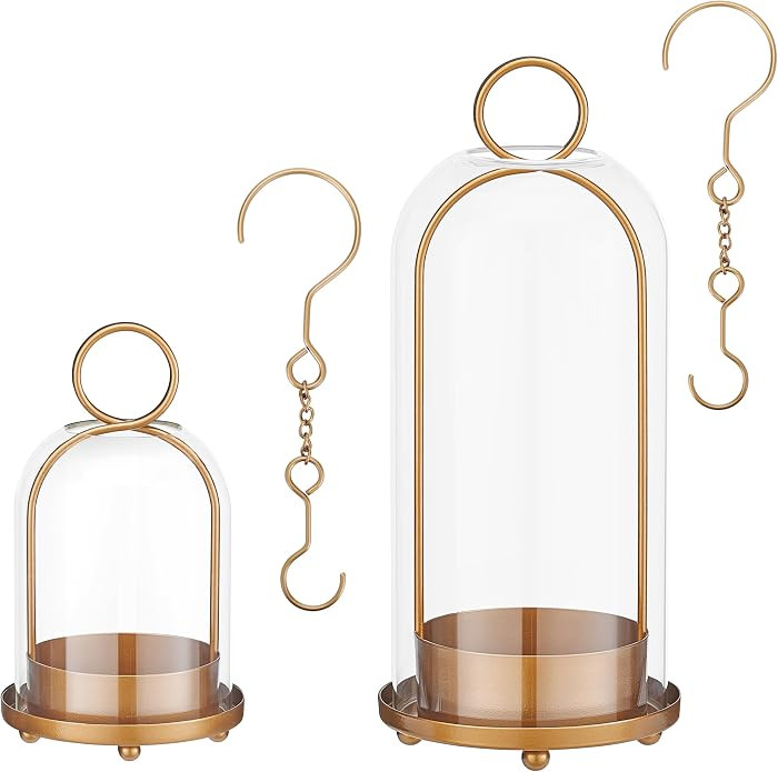 Hurricane Glass Candle Holders for Pillar Candles Set of 2 (5" & 4" Wide), Gold Metal Candlestick... | Amazon (US)