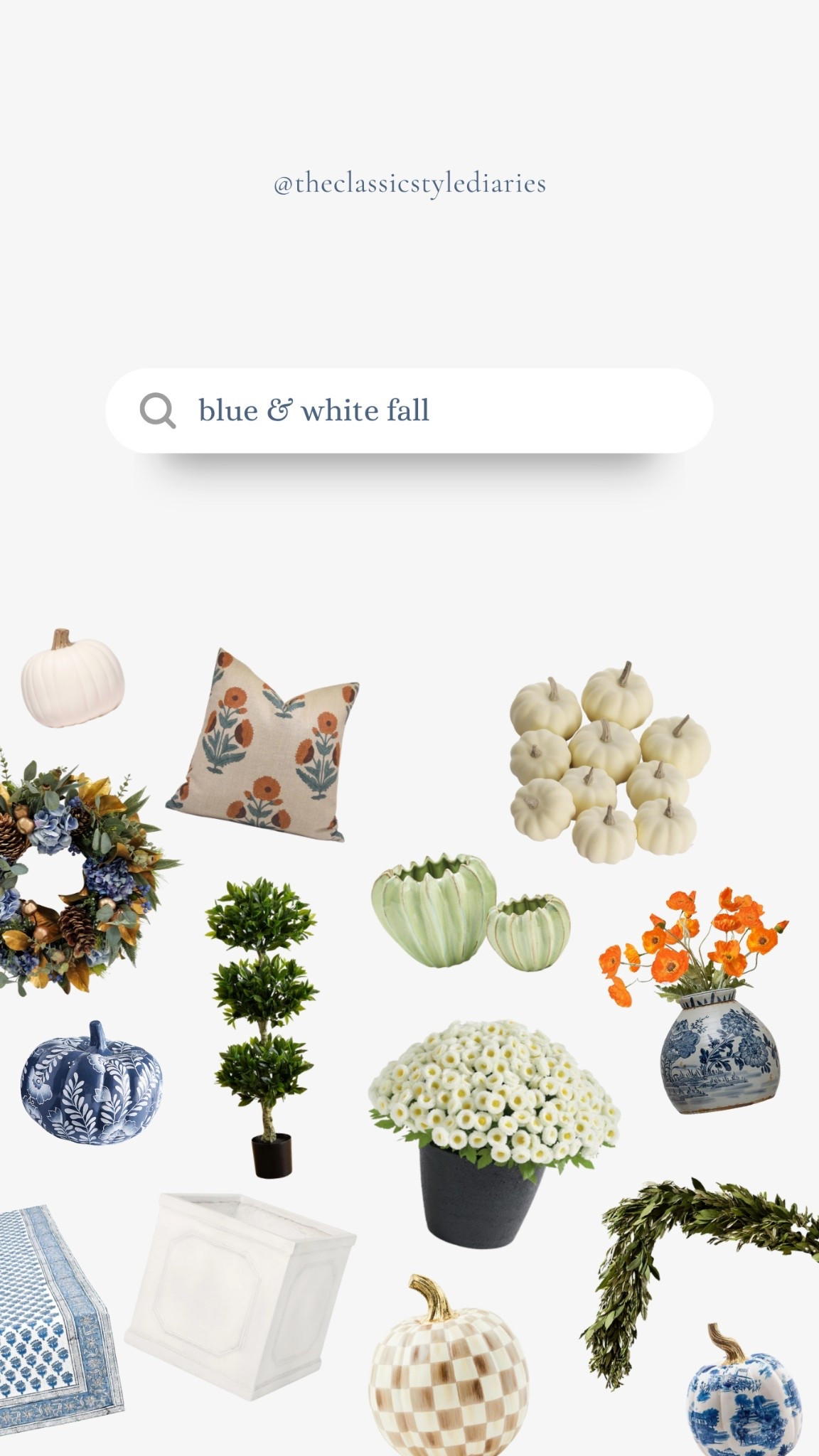 Sort of fall, sort of bright, this palette of decor mixes your every day blue and white decor into your seasonal decor. 💙🧡🤍

Blue and white fall decor, ginger jars, orange faux florals, faux mums, pumpkins, vases, topiary, faux plant, wreath, planter, garland 

#LTKSaleAlert #LTKHome #LTKSeasonal