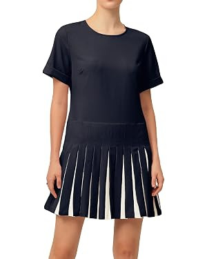 Women's Pleated Short Sleeve Mini Dress Crewneck Loose Fit Flowy Swing Short Dress | Amazon (US)