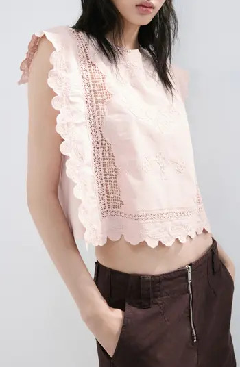 MANGO Embroidered Scalloped Trim Crop Cotton Blend Top | Nordstrom | Nordstrom