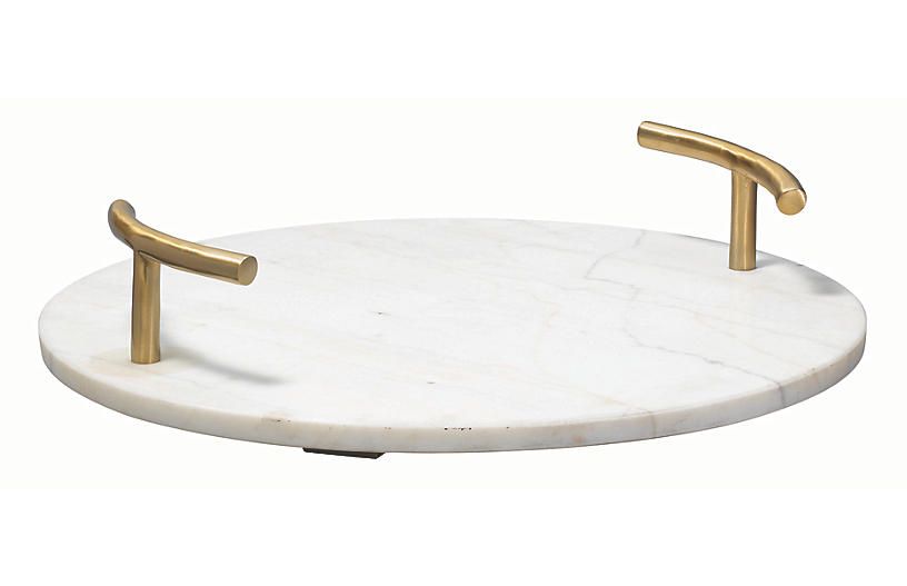 16" Carter Round Marble Tray, White/Gold | One Kings Lane