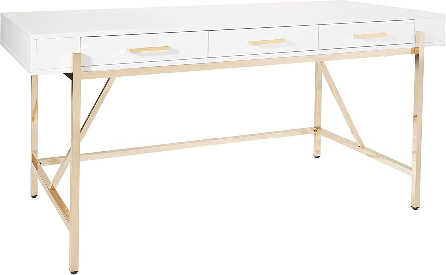 OSP Home Furnishings Broadway Modern Executive Desk with 3 Drawers and Charging Station, White Gl... | Amazon (US)