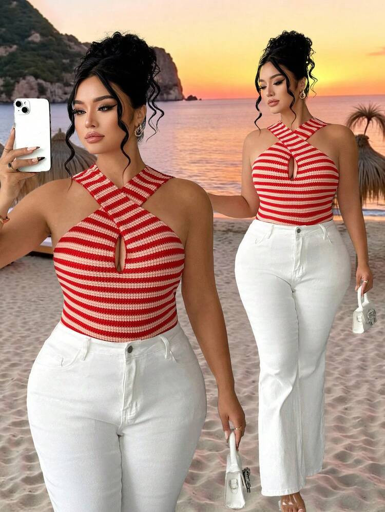 Elenzga Plus Size Women's Red And White Striped Textured Knit Crossover Collar Cinched Waist Slee... | SHEIN