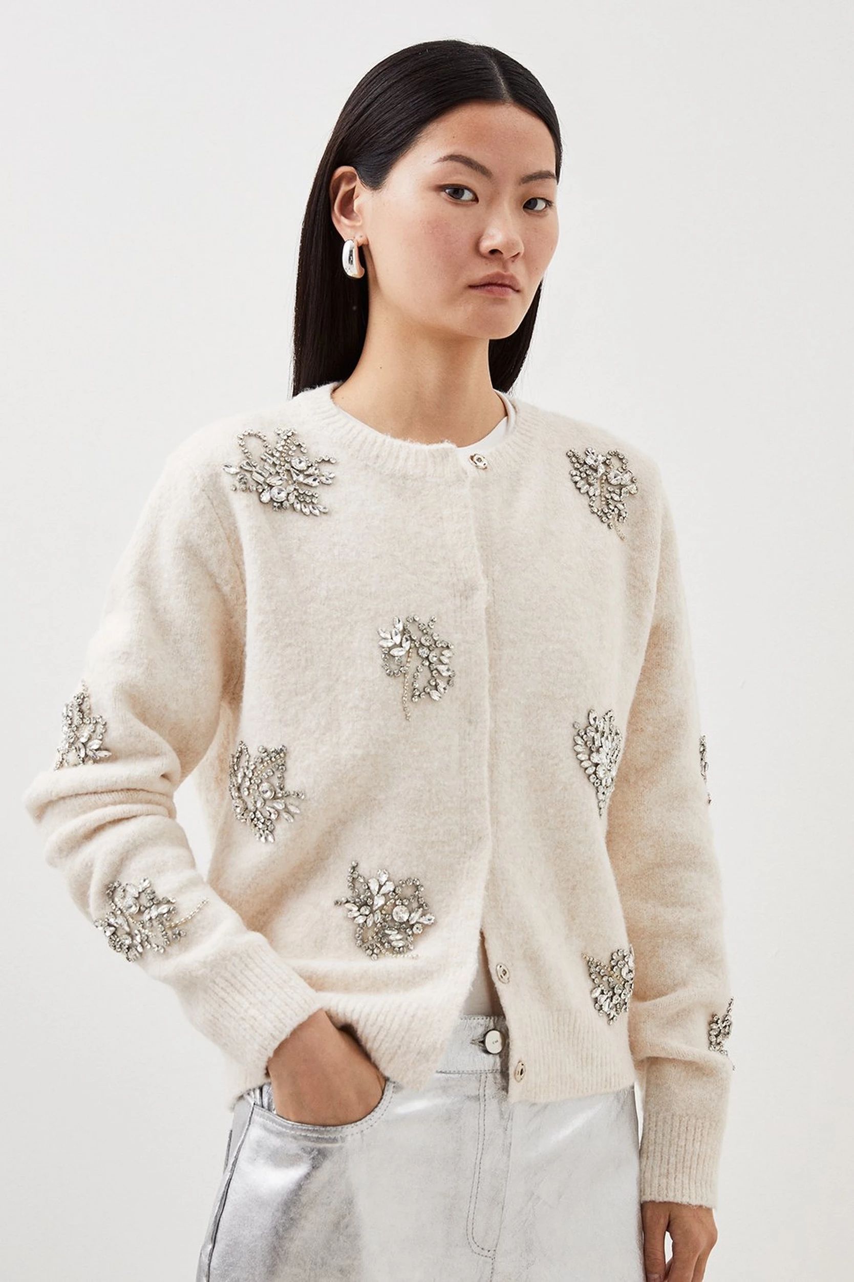 Wool Blend Embellished Cosy Knit Cardigan | Karen Millen US