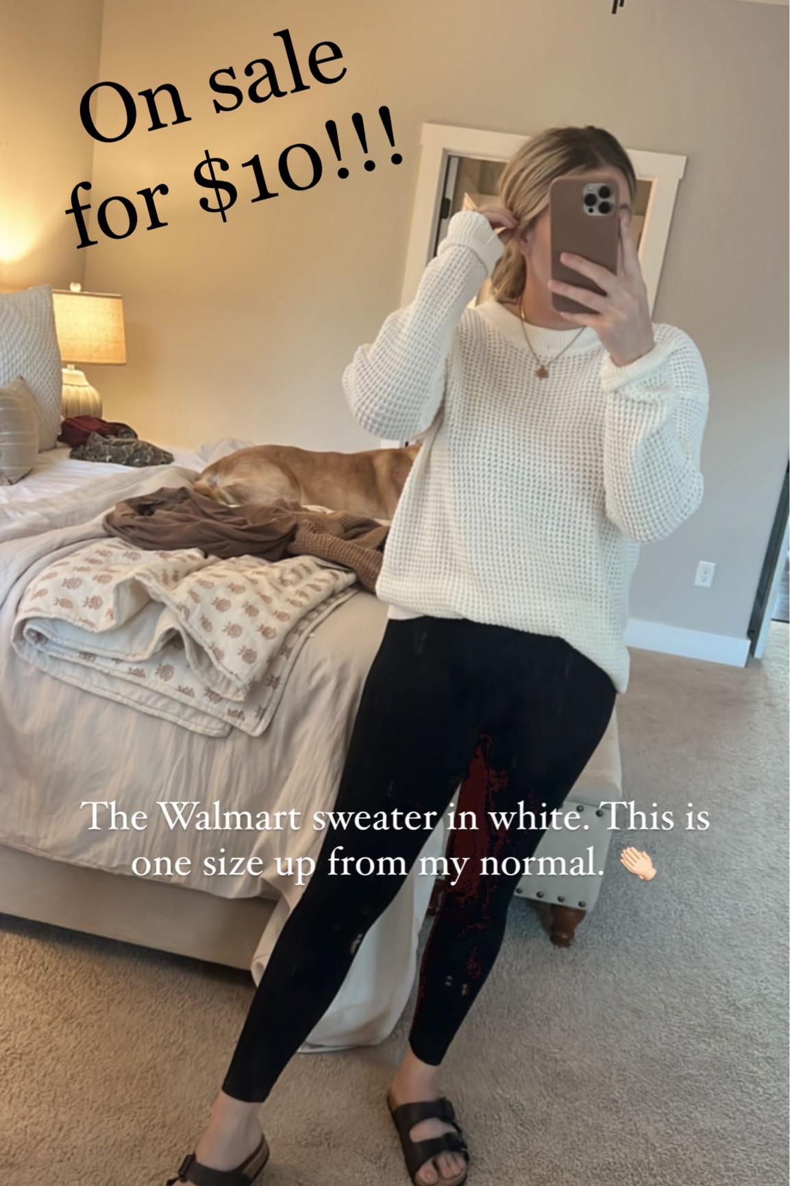 Walmart waffle knit sweater for $10!
Size up 1 or 2 sizes for an oversized look.