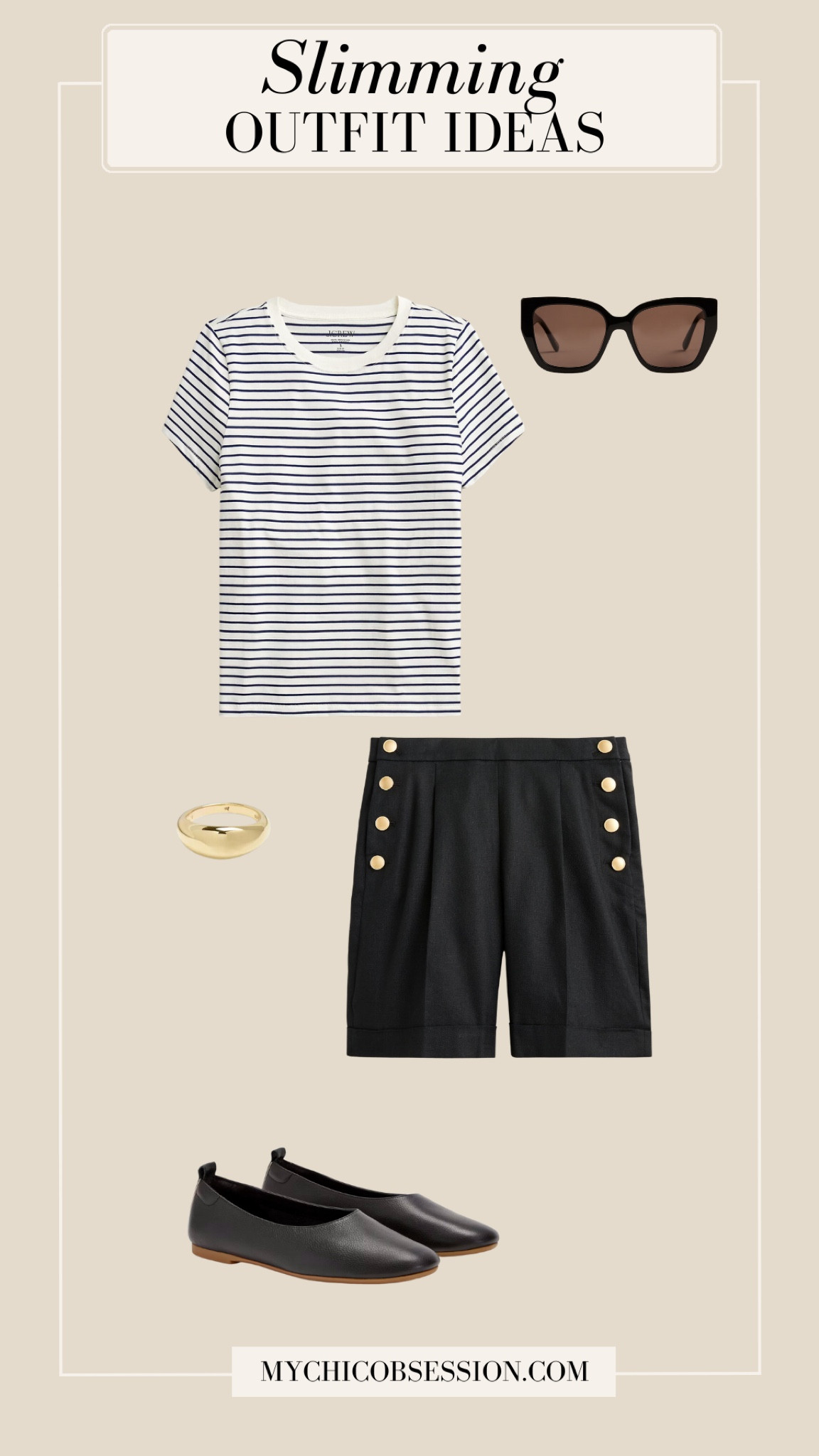 Don’t be afraid to incorporate horizontal stripes into your slimming outfit. Try a striped tee tucked into high-rise pleated shorts, flats, oversized sunglasses, and a chunky gold ring.

#LTKStyleTip #LTKSeasonal