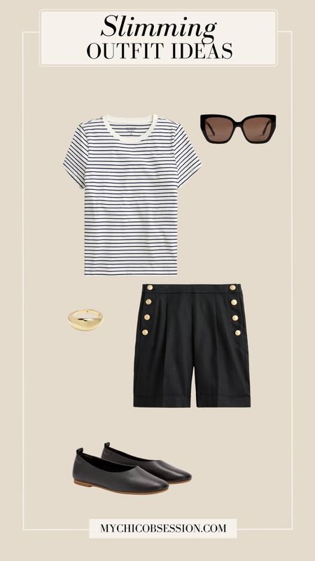 Don’t be afraid to incorporate horizontal stripes into your slimming outfit. Try a striped tee tucked into high-rise pleated shorts, flats, oversized sunglasses, and a chunky gold ring.

#LTKStyleTip #LTKSeasonal