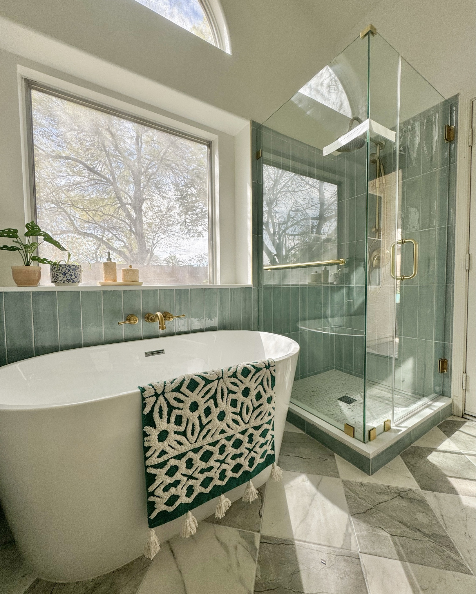 bathroom ideas. checkerboard bathroom tile. standing bathtub and shower combo.
glass shower walls. 

blue tile is from floor & decor. 

#LTKHome