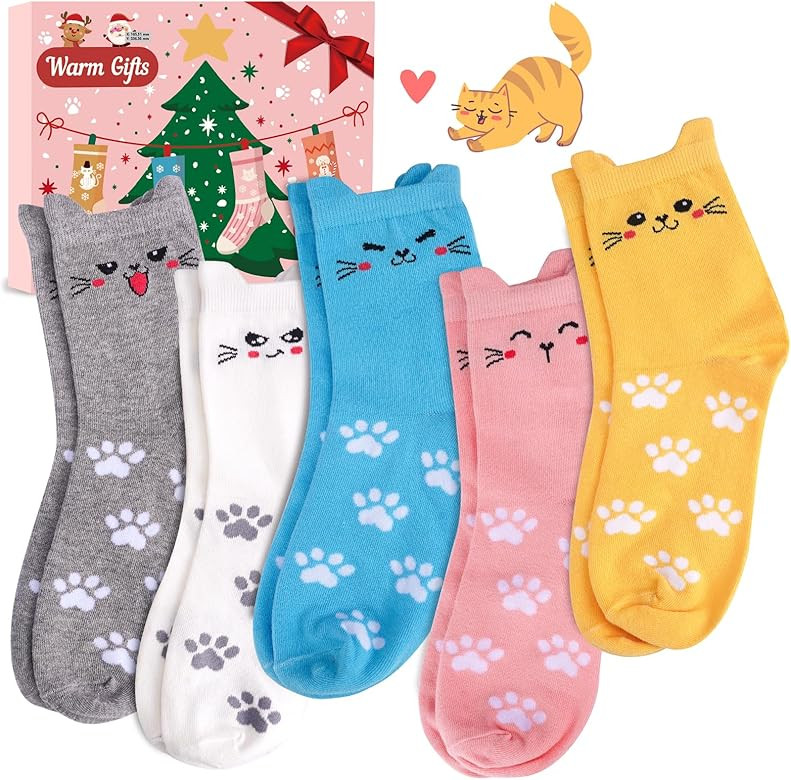 URECOVER Cat Socks for Women Stocking Stuffers Christmas Birthday Gifts, 5 Pairs Soft Cozy Socks ... | Amazon (US)