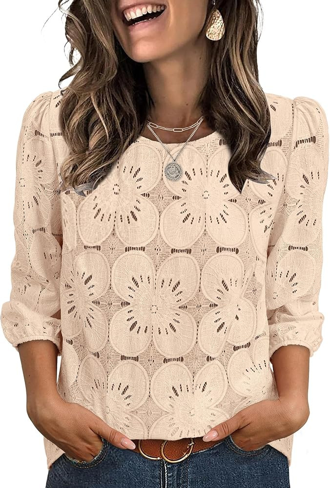 Sampeel Women Blouses Dressy Casual 3/4 Length Sleeve Tops Eyelet Lace Spring Summer Shirts Beach... | Amazon (US)