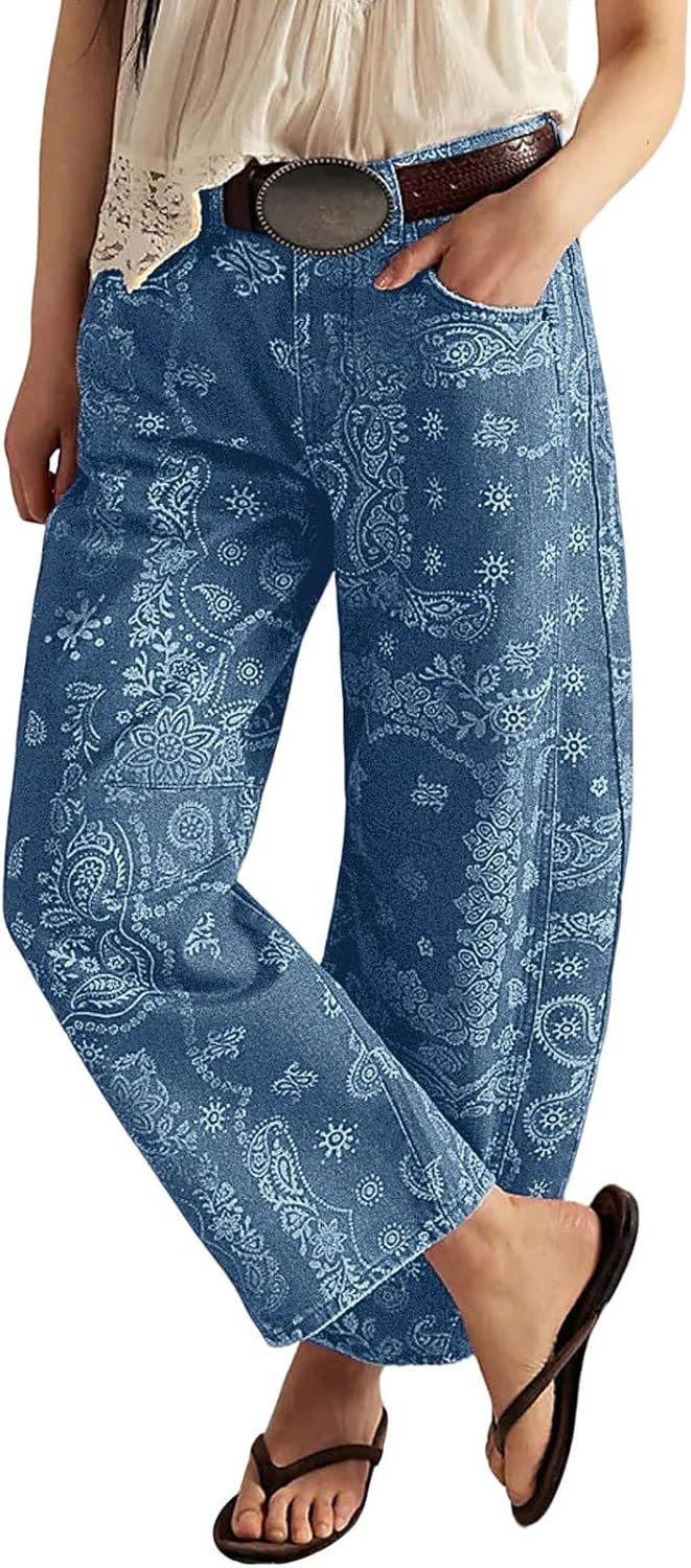 loveimgs Women Boyfriend Baggy Barrel Jeans Floral Print Denim Ankle Pants Wide Leg Mid Rise Jeans Sweatpants Y2k Patchwork | Amazon (US)