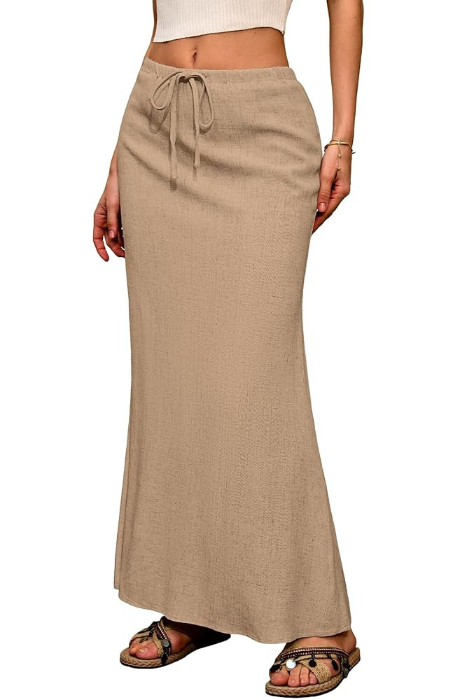 ELLEVEN Linen Flared Maxi Skirt with Back Slit - Elastic Waist Drawstring Long Flowy Ankle-Length... | Amazon (US)