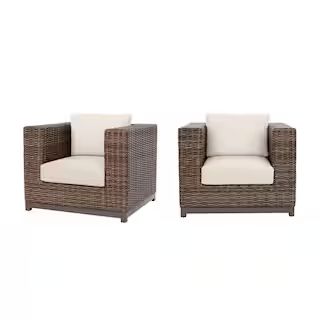 Fernlake Taupe Wicker Outdoor Patio Stationary Lounge Chair with CushionGuard Almond Tan Cushions... | The Home Depot