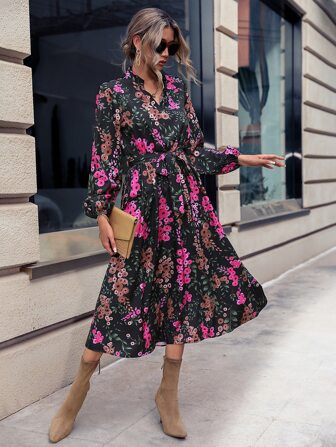 SHEIN Clasi Allover Floral Print Lantern Sleeve Belted Dress | SHEIN