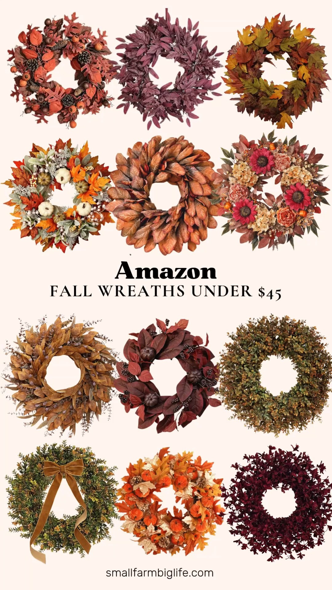 Fall Wreaths For Every Front Door Style

There is a fall wreath for every style in this roundup, from soft and neutral to rich burgundy and warm orange tones, and every single one is under $45. The eucalyptus wreath with seeds and the magnolia leaf wreath are both great options if you want something more subtle and modern, while the sunflower and peony wreath brings in a brighter, more traditional fall look.

If you love classic maple leaves, there are several maroon and burgundy maple leaf wreaths, some layered with acorns, pinecones, or pumpkins for extra texture. The white pumpkin wreath with lamb's ear and berries is a beautiful softer option, and the boxwood wreath with a bow works well if you want something that can transition smoothly from fall into winter. For a bold front door moment, the burgundy forsythia wreath and the orange and gold pumpkin wreath both make a statement.

Any of these would look beautiful on a front door, porch, or even layered on a mantel for Thanksgiving and harvest season, all without breaking the budget.

#fallwreath #frontdoordecor #falldecor #autumnhome #affordablefinds 

 #LTKSeasonal #LTKHome