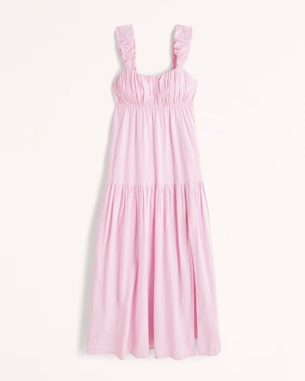 Women's Puff Strap Ruched Midi Dress | Women's New Arrivals | Abercrombie.com | Abercrombie & Fitch (US)