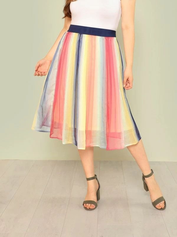 SHEIN Plus Striped Print Elastic Waist Skirt | SHEIN