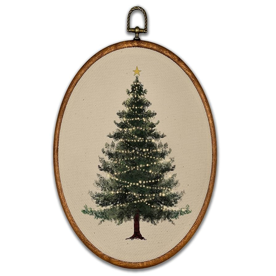 BCUANGD Christmas Oval Wall Art Decor - Vintage Winter Pine Tree Wall Art Canvas Frame Artwork Pr... | Amazon (US)