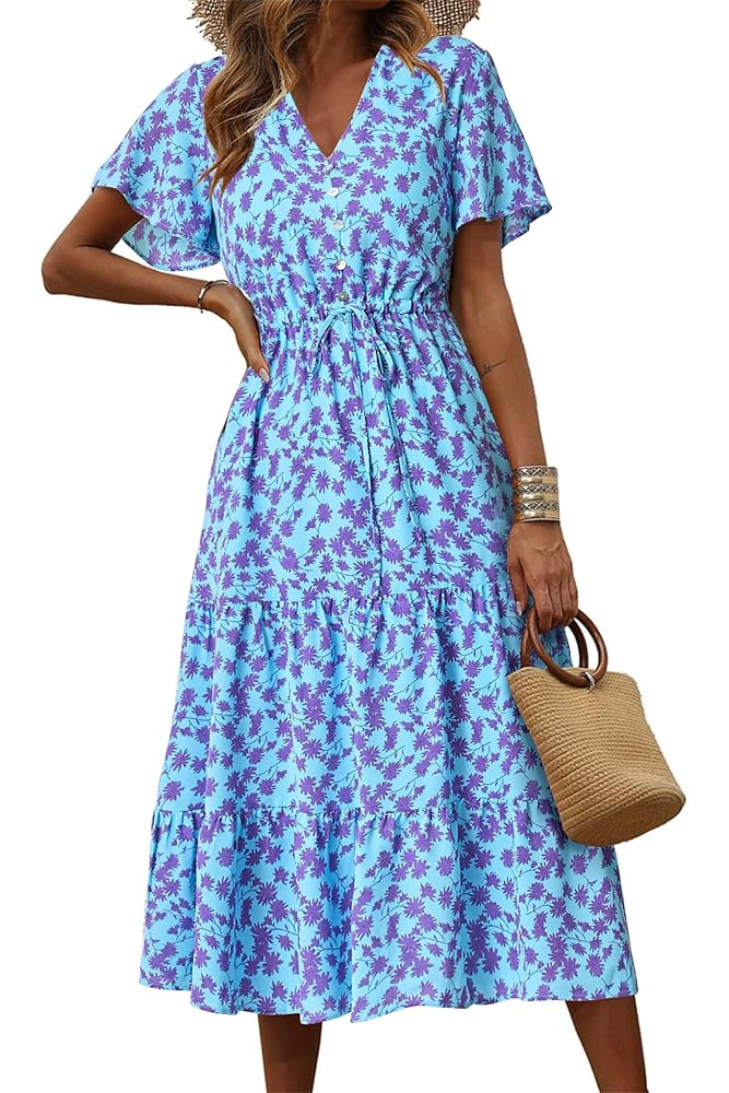PRETTYGARDEN Summer Floral Dress for Women 2025 Casual Boho Short Sleeve Maxi Dresses V Neck Tier... | Amazon (US)