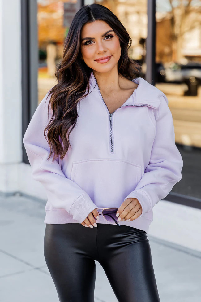 Making It Look Easy Lavender Ribbed Shoulder Quarter Zip Pullover DOORBUSTER | Pink Lily