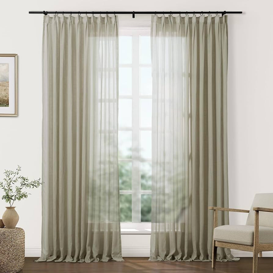 TWOPAGES Sandstone Linen Textured Sheer Curtains 102 Inches Long Pinch Pleat Drapes for Living Ro... | Amazon (US)