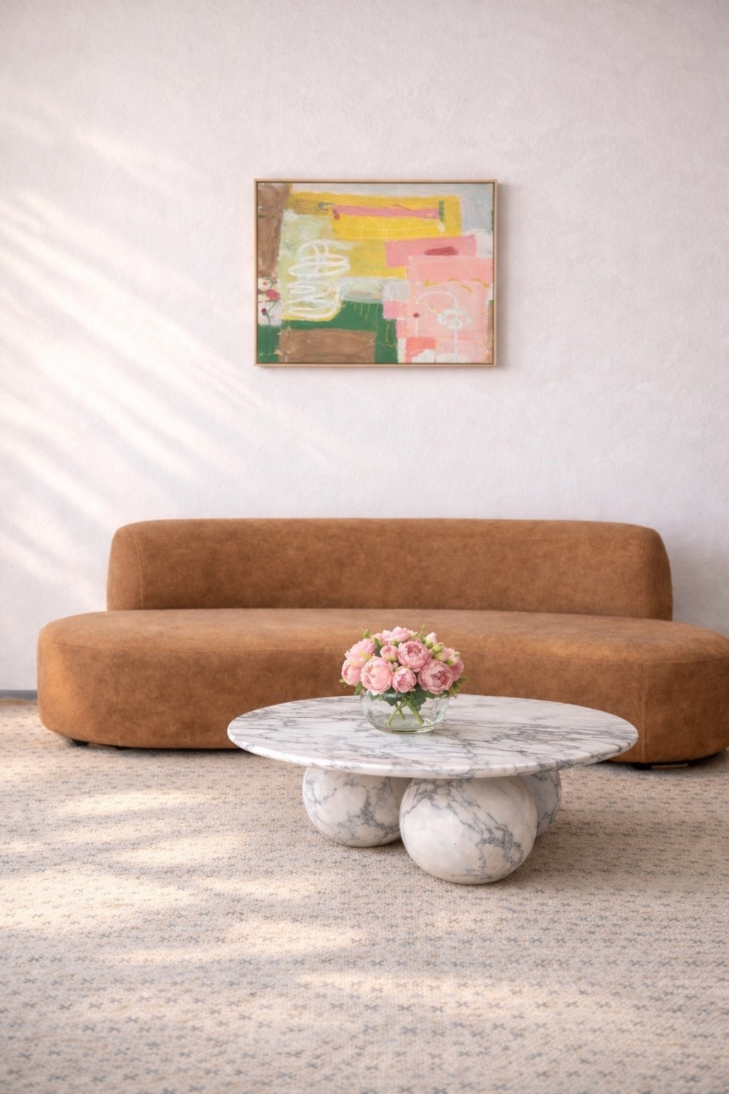 A comfortable sofa you can sink into, a marble coffee table at the center, abstract artwork adding movement to the wall, and a textured hand crafted  rug grounding the space.

Fresh flower arrangement in glass for that effortless, lived-in touch.

Cozy. Calm. Designed for real mornings.

#comfortable
#sofa
#coffeetable
#rug
#hanmeirug
#flowerarrangement
#freshflowers
#artwork
#abstractart
#marblecoffeetable
#livingroomdecor

#LTKdayinmylife #LTKHome